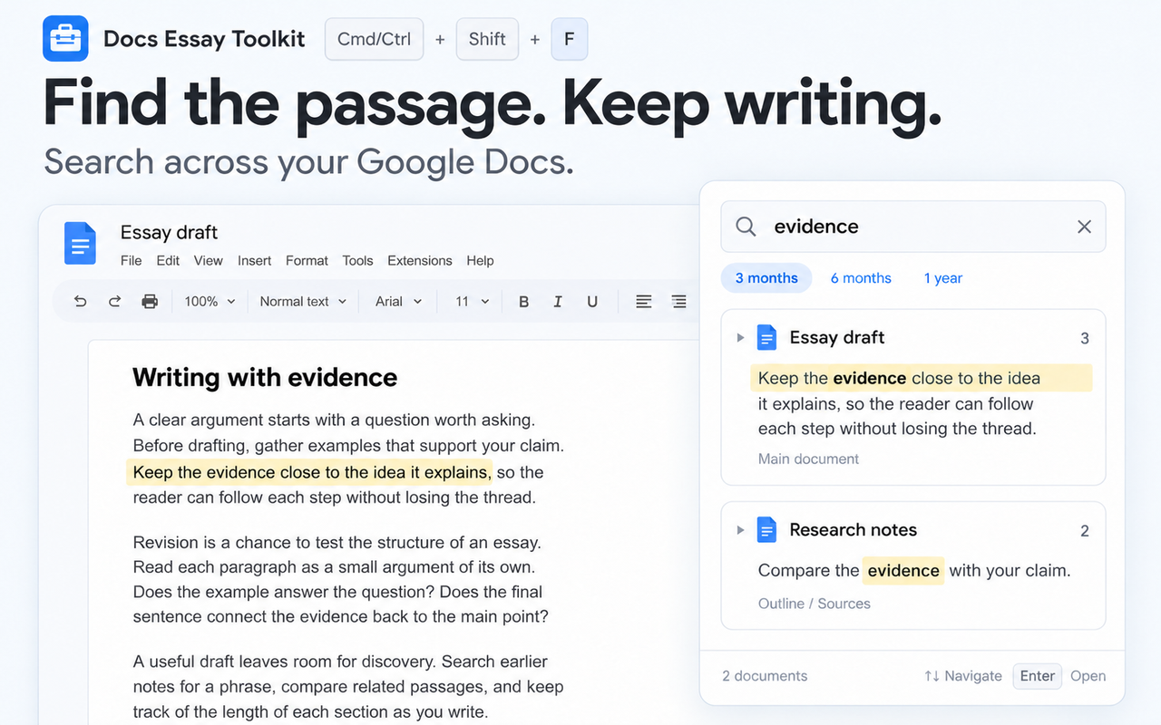 Docs Essay Toolkit finding a passage across Google Docs, with results grouped by document