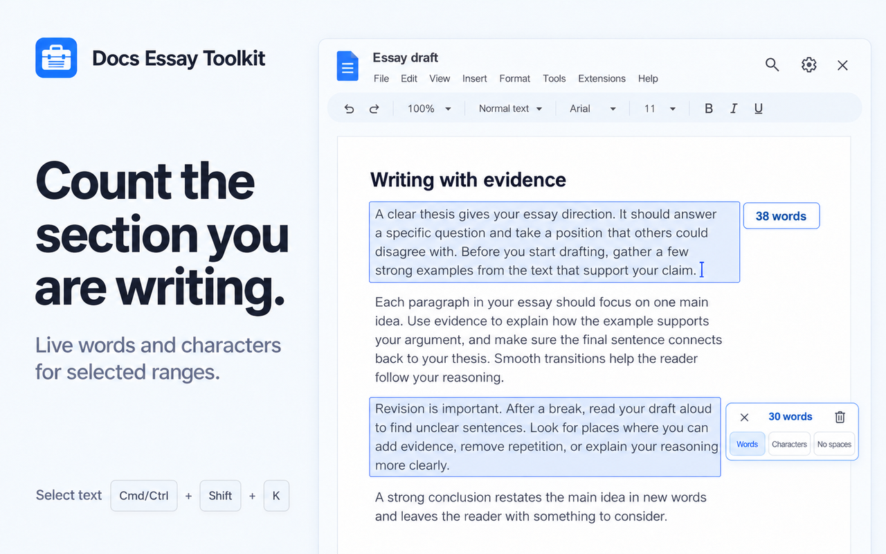 Live word and character counters alongside selected sections of a Google Doc